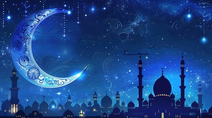 vector illustration of Eid al adha -festival with grey background with moon,stars,lanterns,mosque,Calligraphic font.