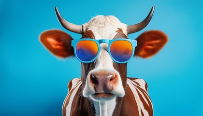 surreal portrait of a nonchalant cow wearing retro sunglasses set against a vibrant blue background...