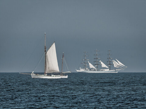 Gaff Ketch STINA MARI (NOR) and Ship MIR (RUS) during pre-Tall Ship Race 2018 maneuvers off Nort East England.