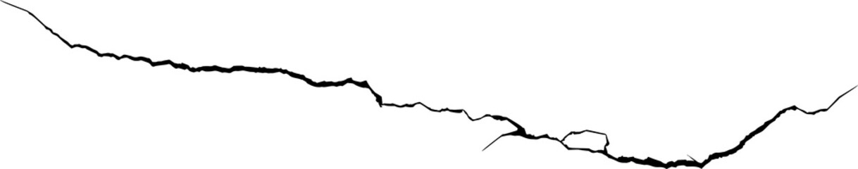 Surface crack and fissure in ground, concrete, crevices from disaster top view. Breaks on land surface from earthquake isolated on white background. Broken ground, wall, glass pattern effect. Damage	
