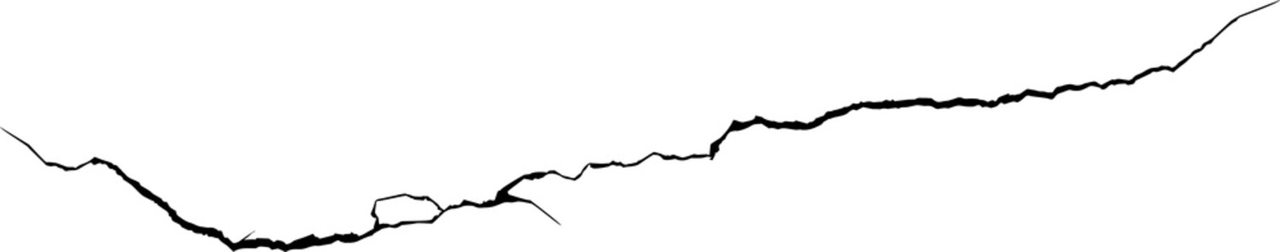 Surface crack and fissure in ground, concrete, crevices from disaster top view. Breaks on land surface from earthquake isolated on white background. Broken ground, wall, glass pattern effect. Damage	