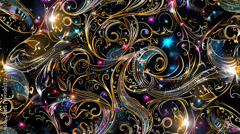 Aufkleber pattern of golden flourish sparkling and swirling through a galaxy with colorful stars