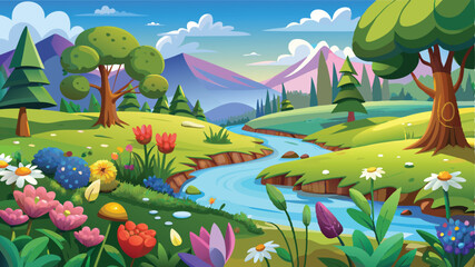 Naklejka premium Illustration of a flower meadow in spring. AI digital illustration