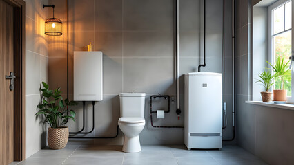 Modern tanked boiler in bathroom. Household smart water heater hanging on the wall in boiler room. Common electric storage tank water heater. Energy-efficient home heating system on gray tiles