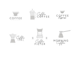 Coffee linear labels with lettering cup, glass, french press, maker, filter, drip, turk, pot drawn with flat black lines on white background