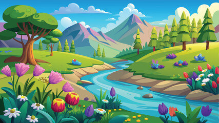 Fototapeta premium Illustration of a flower meadow in spring. AI digital illustration