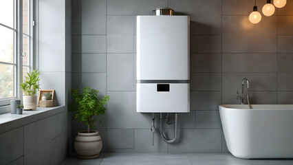 Modern tanked boiler in bathroom. Household smart water heater hanging on the wall in boiler room. Common electric storage tank water heater. Energy-efficient home heating system on gray tiles