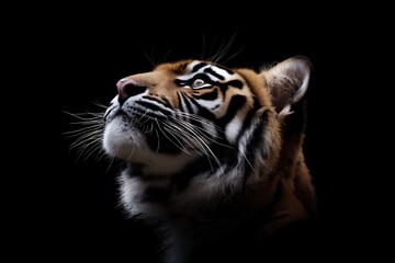 Obraz premium Photo of a tiger isolated against a black background, emphasising the tiger's majestic features. Wildlife and conservation concept, space for copy.