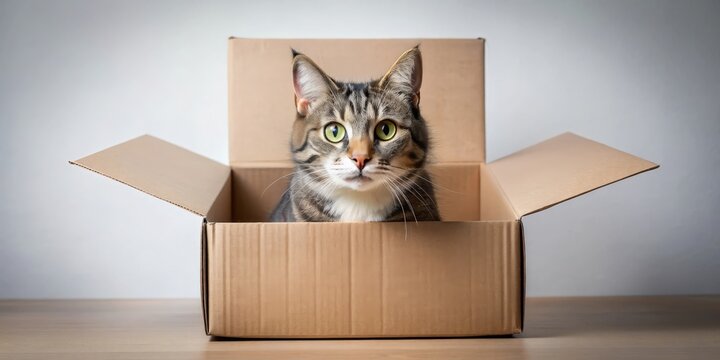 A stock photo depicting a cat in a box representing Schrodinger's thought experiment