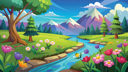 Obraz premium Illustration of a flower meadow in spring. AI digital illustration