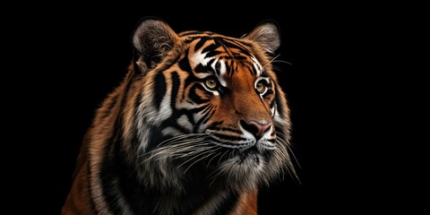 Photo of a tiger isolated against a black background, emphasising the tiger's majestic features. Wildlife and conservation concept, space for copy.