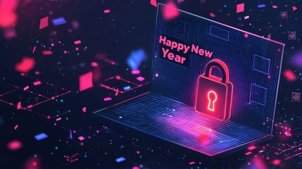 Happy New Year cybersecurity concept with a wireframe padlock and festive digital confetti background