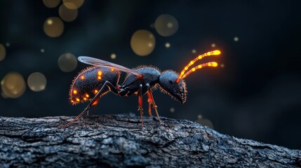 A close-up capture of a glowing ant on a textured surface, showcasing vibrant colors and intricate details in low light.