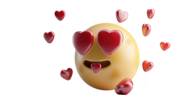 3D Emoji with heart eyes and floating hearts ,isolated on a pure white background
