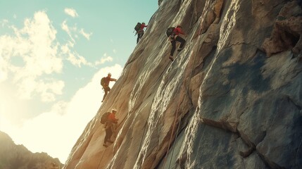 team of climbers ascending a sheer rock face