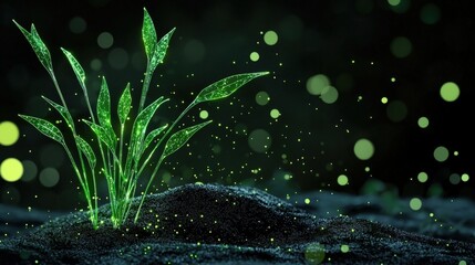 Fototapeta premium A close-up of vibrant green plant growing from dark soil, illuminated by sparkling particles in a mystical atmosphere.