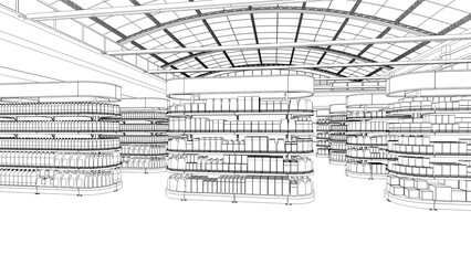Contour of sales area mockup with shelving with blank goods and vaulted roof. 3d illustration