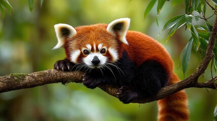 A red panda carefully climbing along a narrow branch high above the forest floor, animal, balancing climb