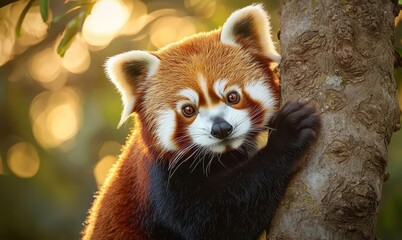 Obraz premium A red panda climbing a tree in the golden light of dawn, its fur glowing in the early morning sun, animal, sunrise climb