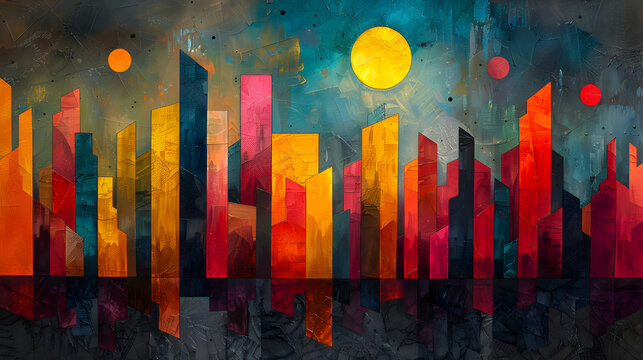 An abstract urban landscape with sharp, intersecting lines and vibrant colors, representing the architectural diversity and energy of a bustling city 
