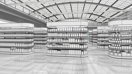 Sales area mockup with shelving with blank goods and vaulted roof. 3d illustration