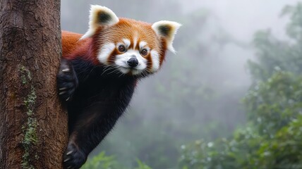 Fototapeta premium A red panda climbing up a tree in a misty forest, the fog adding a mysterious atmosphere to its journey, animal, climbing in mist