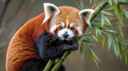 A red panda gracefully climbing a tall bamboo stalk, its vibrant fur contrasting with the green...