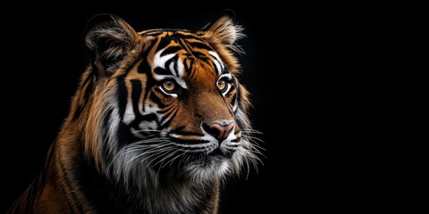 Naklejka premium Photo of a tiger isolated against a black background, emphasising the tiger's majestic features. Wildlife and conservation concept, space for copy.