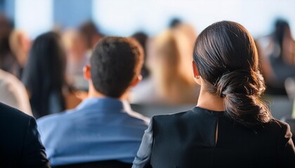unrecognizable audience at business conference blurred crowd listening to speaker event concept photo