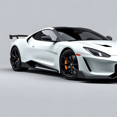 Naklejka premium A sleek isolated white sports car with a low profile, featuring sharp lines and a modern design. The car is parked showcasing its aerodynamic features and stylish wheels.