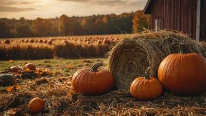 Autumn farm scene with pumpkins and hay