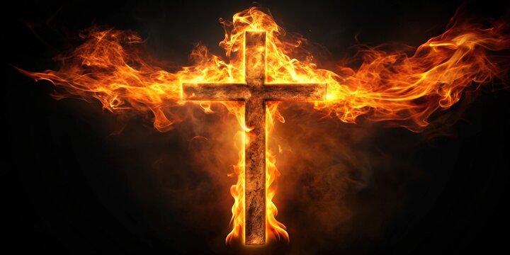 Fiery cross symbolizing power and strength, burning, fire, cross, symbol, power, strength, glowing, flames, heat, passion