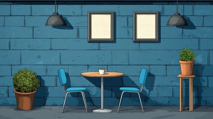 A cozy cafe corner featuring a small table, blue chairs, wall art, and plants, perfect for relaxation or a meet-up.