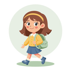 Cute schoolgirl with school backpack going to school. Pupil character. Flat style illustration