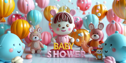 Baby shower balloon decorations with text, pink and blue color scheme