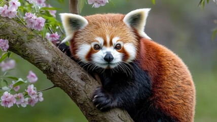 Naklejka premium A red panda making its way up a tree with blooming flowers, its fur blending with the colorful petals, animal, springtime climbing