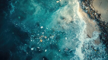 Obraz premium Aerial shot of a polluted ocean, with visible plastic and debris, raising awareness about the dangers to marine ecosystems.