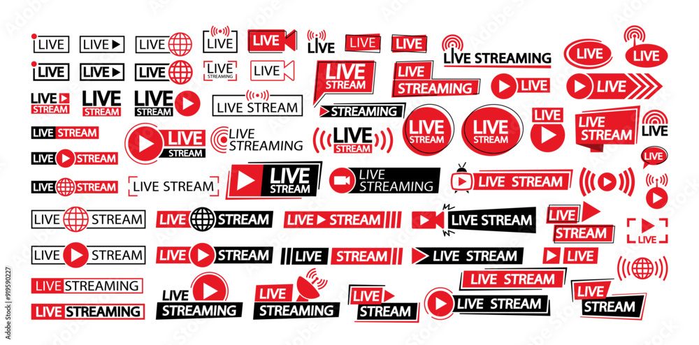 Poster vector set of various live streaming and broadcast icons in red and black. live stream notifications