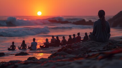 Obraz premium Sunrise Meditation: A peaceful sunrise meditation session on a beach, with participants seated in quiet contemplation as the sun rises. The serene and calming environment enhances the practice.