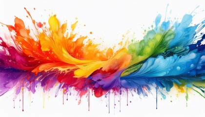 Obraz premium vibrant rainbow paint splatter forming an abstract border dynamic color explosion against pure white background highcontrast artistic design element