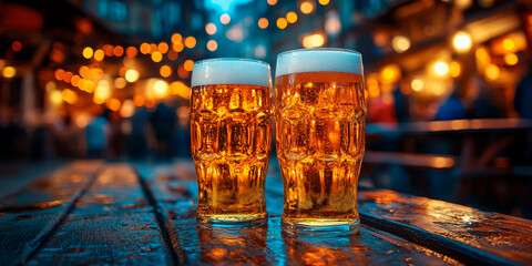Two frosty beer mugs on a pub table, glistening under the warm, ambient glow of street lights. This setting evokes the convivial atmosphere of Oktoberfest, perfect for social media campaigns and promo