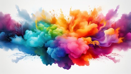 Obraz premium vibrant smoke bomb explosions rainbow colors against stark white dynamic tendrils billowing clouds artistic celebratory atmosphere