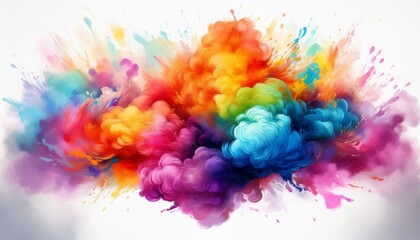 vibrant smoke bomb explosions rainbow colors against stark white dynamic tendrils billowing clouds artistic celebratory atmosphere