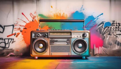 Fototapeta premium Vintage portable stereo Colorful graffiti background Retro music concept Vibrant street culture atmosphere