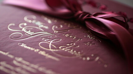 Close-up of a wedding invitation card with elegant script in metallic ink on a deep burgundy background, accented with a satin ribbon
