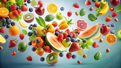 Various flying or falling summer fruits, berries and vegetables on background. Healthy food. Detox and dieting concept