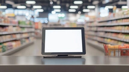 Blank digital display at the checkout counter in a supermarket, with blurred shelves in the background, ideal for retail concepts