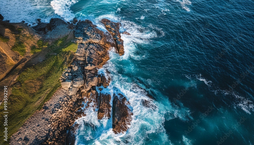 Wall mural Aerial view of the ocean rocky shore Capturing the raw beauty and power of nature with the contrast between land and sea