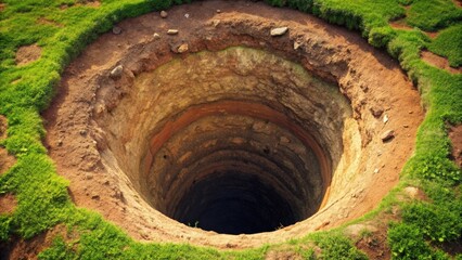 View down into a deep hole dug in the ground , deep, hole, excavation, digging, dirt, ground, earth, soil