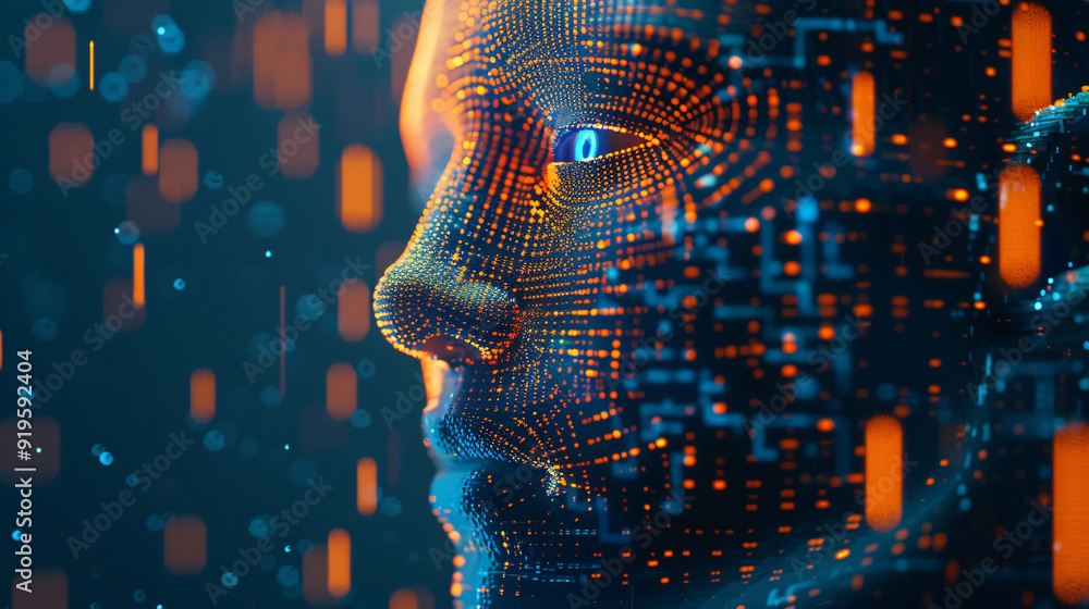 Poster Abstract human face forming from glowing particles representing artificial intelligence and big data